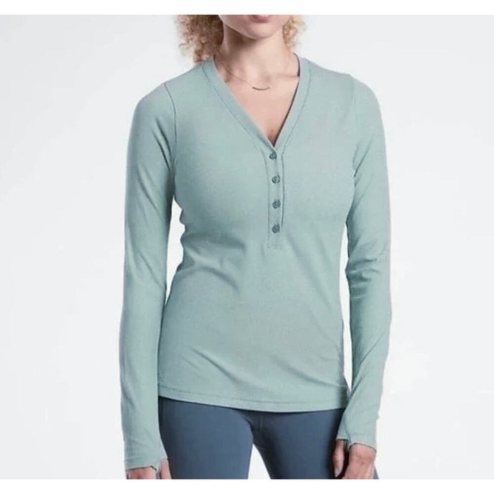 Athleta Uptempo Ribbed Henley Top Blue Long Sleeve Button Front Size S